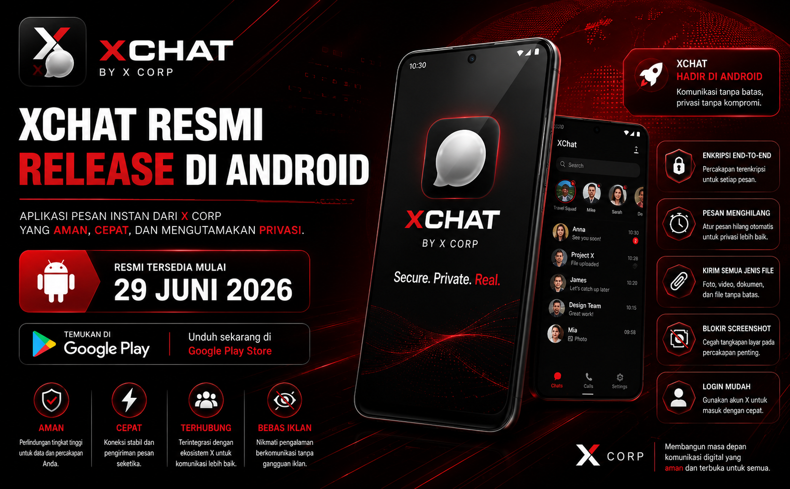 Ilustrasi XChat Android dengan konsep komunikasi aman dan privasi digital