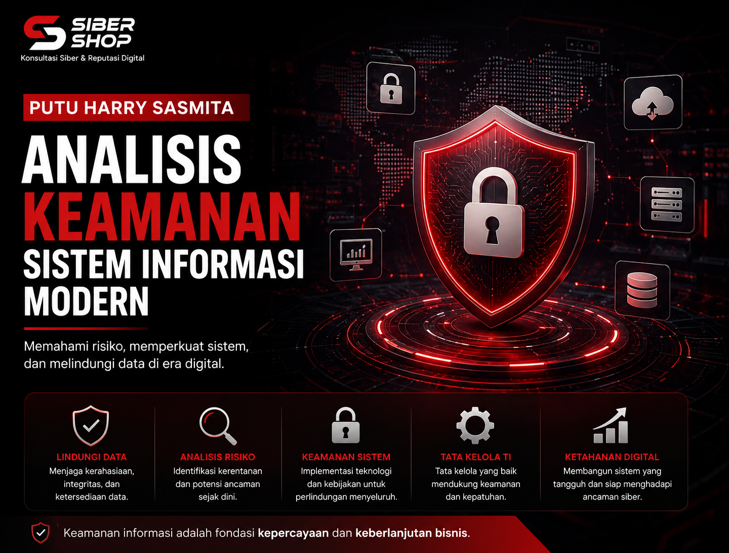 Ilustrasi keamanan sistem informasi modern dengan konsep cyber security dan perlindungan data digital